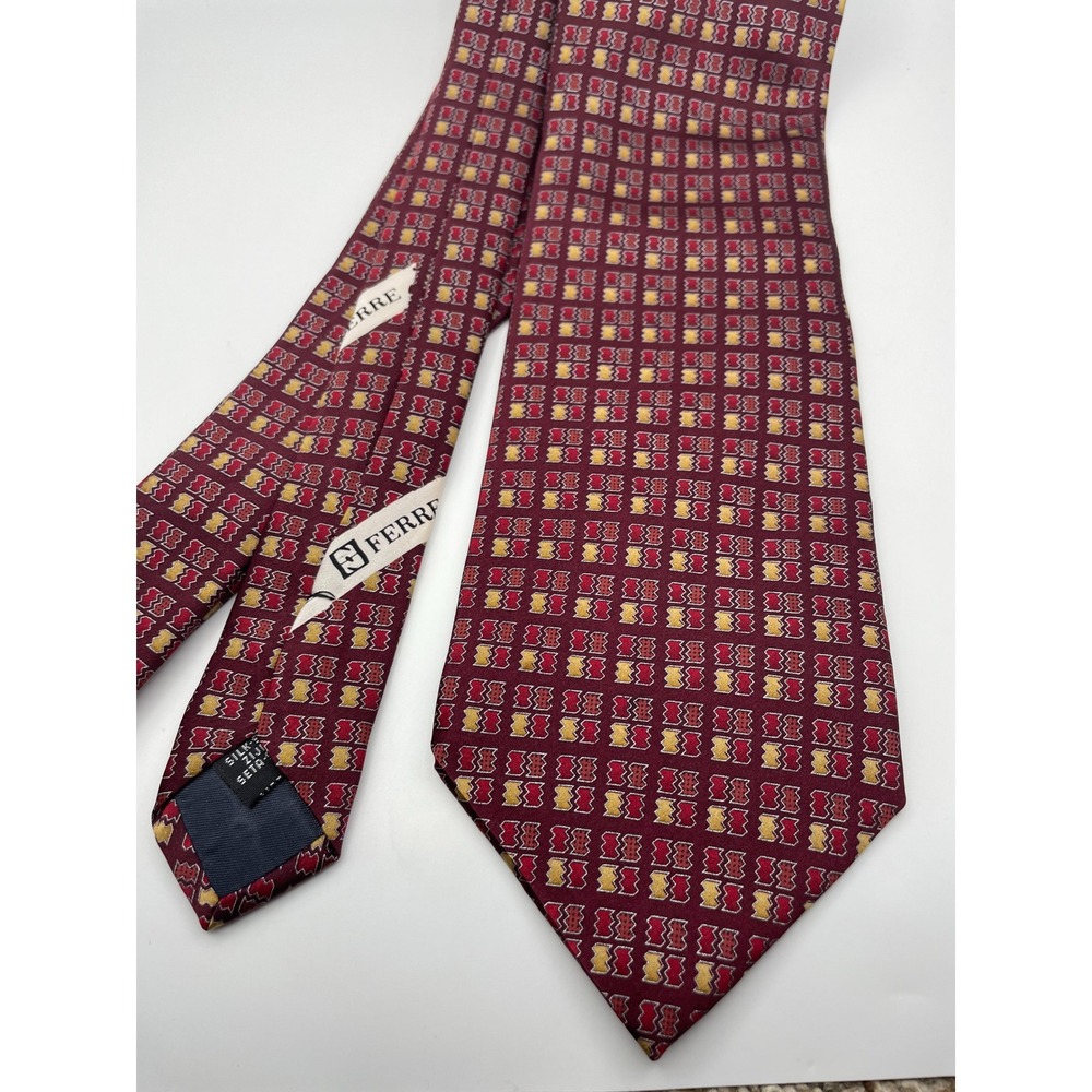 Farentino Ferre Mens Silk Tie Burgundy Gold Geometric Pattern Made in Italy